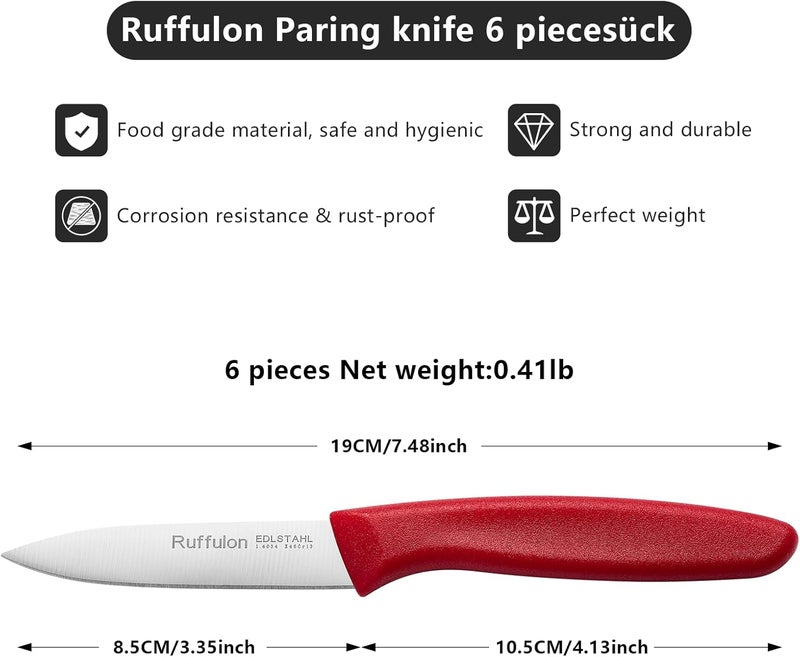 Ruffulon Paring Knife Fruit Knife Set (6 Pieces), Ultra Sharp Stainless Steel Vegetable and Fruit Knife with PP Plastic Ergonomic Handle for Cutting Fruits and Vegetables,Red/Orange/Green - Image 2